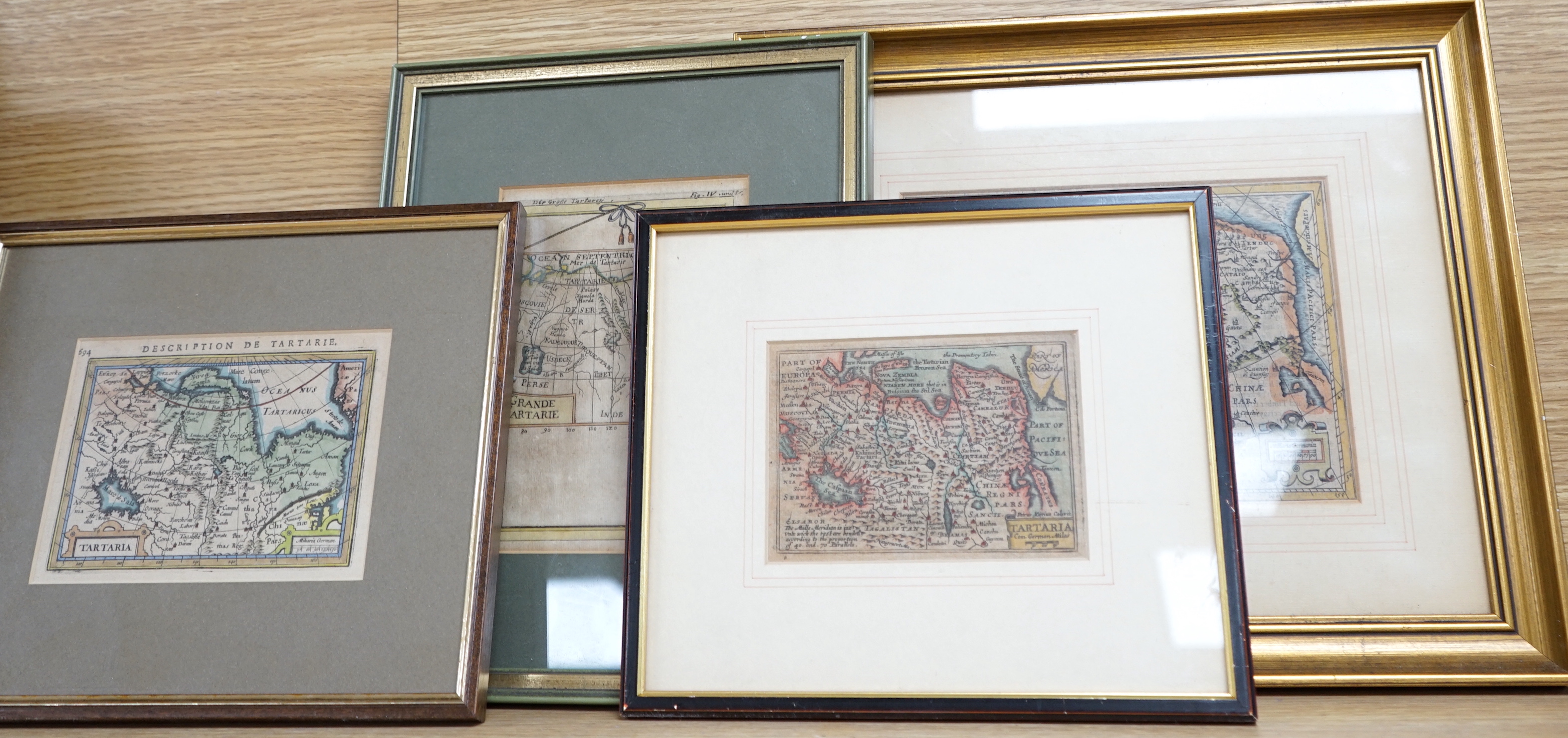 Four miniature 17th century and later hand coloured maps of Tartary including one by Alain Manesson Mallet (1630-1706), Grand Tartarie and one by Petrus Bertius (1565-1629), Tartaria, largest 14 x 18cm